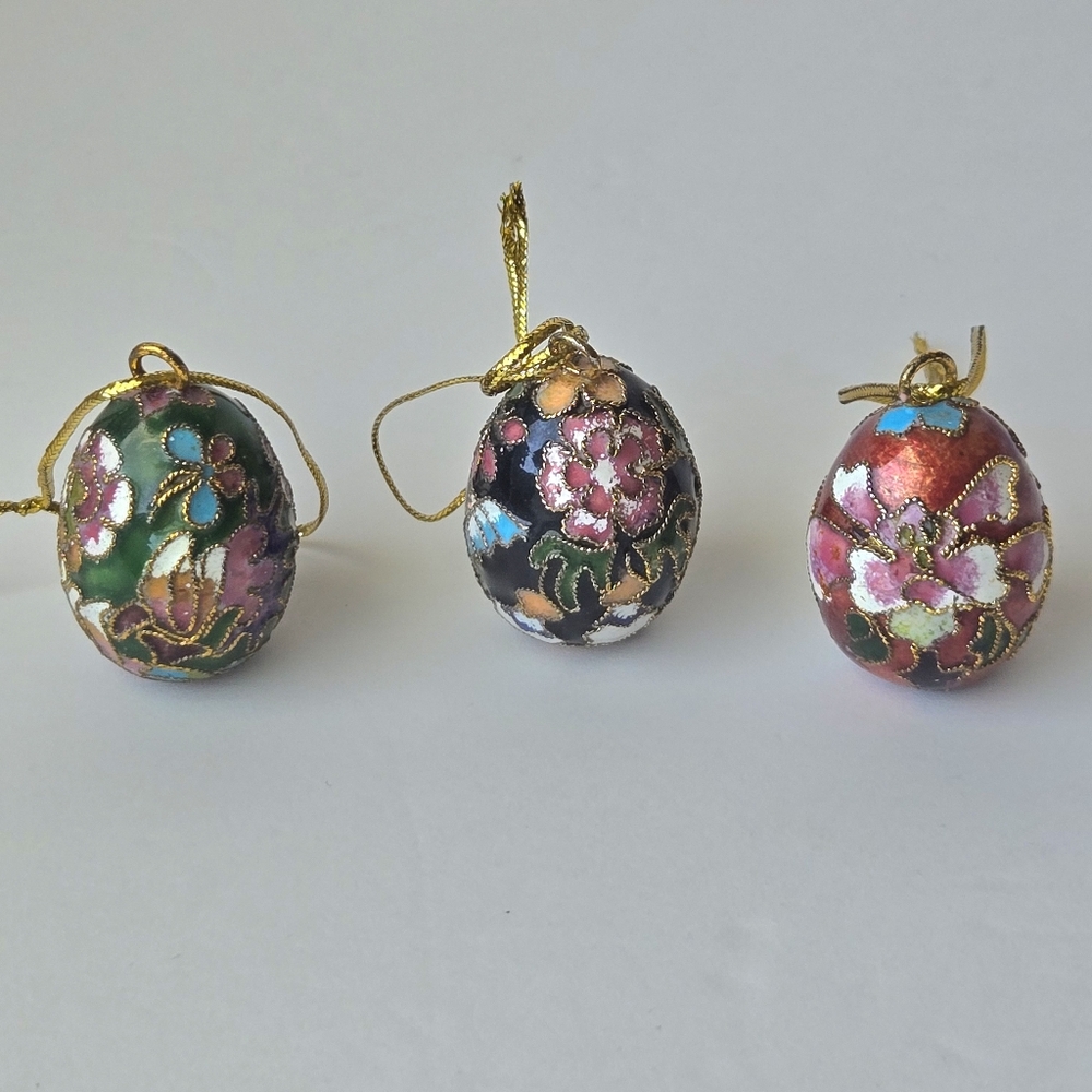 VTG Cloisonne Mini Egg Ornaments Set of 3, Enamel Brass Butterfly Floral, RARE - Picture 2 of 9
